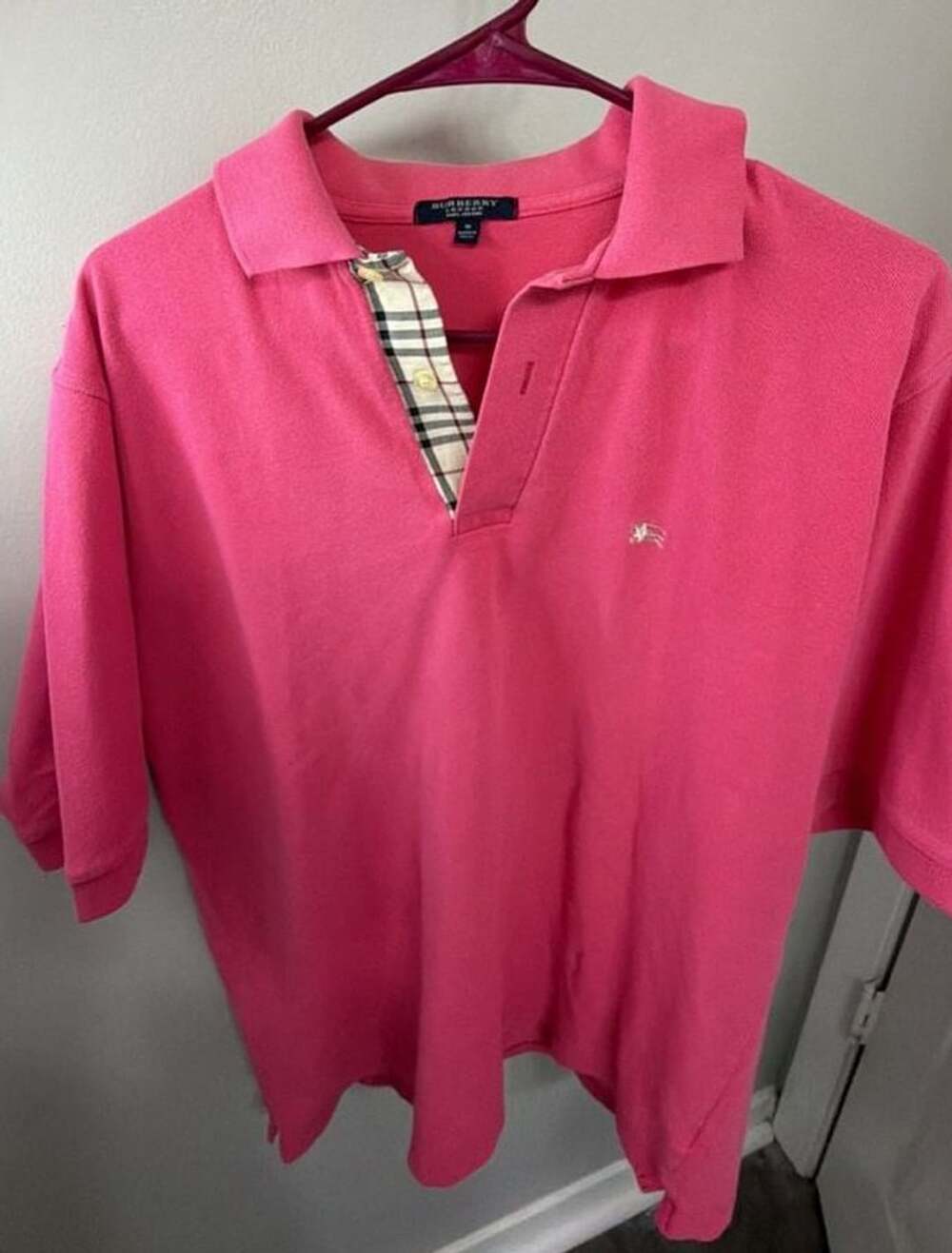Burberry London Mens M Pink Polo Shirt Nova Check Placket 100% Cotton Logo